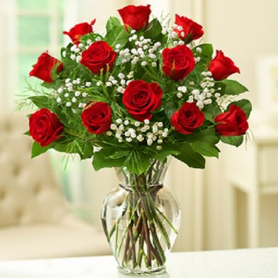 12 Red Roses With Baby Breath